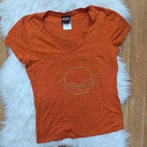 Harley Davidson Orange Skull Stud Bling V-neck T-shirt